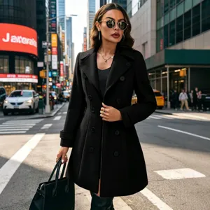 Damen Schwarzer Zweireihiger Wollmantel Elegante Winter Mode Oberbekleidung Neu Look