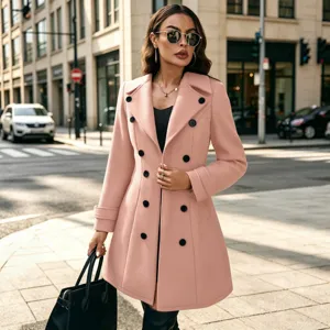 Damen rosa zweireihiger Wollmantel Herbst Winter stilvoller Revers Trenchcoat neu.