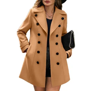 Damen zweireihiger Wollmantel Winter Revers Oberbekleidung Camel elegante Mode Jacke