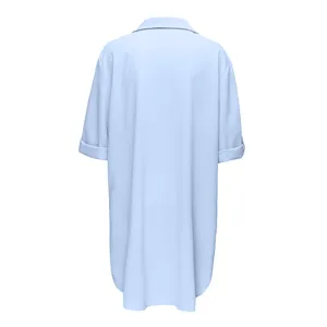 Light blue women's shirt dress back view, casual beach cover up and stylish summer wear.