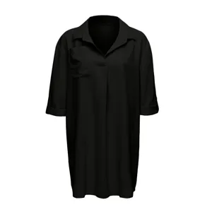 Black V-neck beach shirt dress, solid color, 3/4 sleeves, single pocket, detail view.