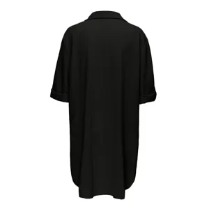 Detailed view of the black oversized shirt dress showcasing the back collar and cuffed sleeves.