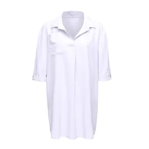 White beach cover shirt detail, V-neck, rolled sleeves, chest pocket, relaxed fit.
