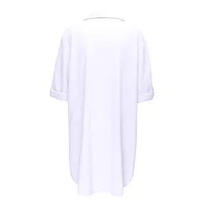 Back view detail of women solid white beach cover up shirt dress with lapel collar.