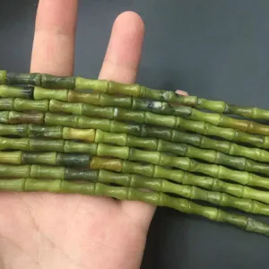 Natural Peridot Stone Bamboo Joint Tube Loose Beads Vintage Ethnic Style Polished Cylinder Gemstone Spacer Beads For DIY Jewelry Making Bracelets Necklace Findings