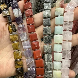 Natural Stone Square Beads Double Arc Surface Side Groove Loose Spacer Beads For DIY Jewelry Bracelet Making Findings Craft Supplies