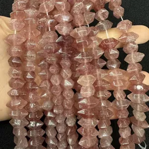 Close-up of pink hexagonal natural stone beads for DIY jewelry making