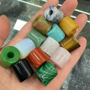 Detail of 9x9mm natural stone cylinder large hole beads in various colors for DIY jewelry