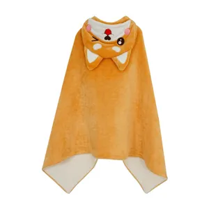 Cute cartoon Shiba Inu hooded cloak blanket, soft plush winter warm shawl for kids.