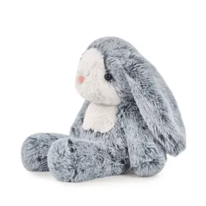 Close-up detail of the fluffy grey bunny plush toy, soft texture and floppy ears.