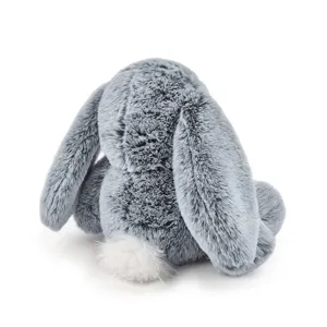 Gray floppy ear plush bunny toy back view, soft stuffed animal for kids soothing sleeping gift.