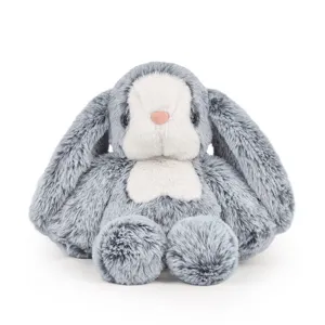 Grey plush rabbit toy with long floppy ears, soft stuffed bunny doll for kids and gifts.