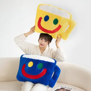 Cute plush smiley mug pillow soft creative coffee cup cushion for living room sofa home decor
