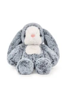 Soft grey plush toy detail, fluffy long floppy ears and cute pink nose, cozy companion.