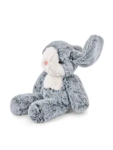 Detailed shot of the soft grey plush bunny toy featuring floppy ears and white belly texture.