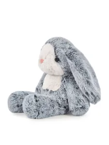 Grey lop-eared plush bunny toy close-up, soft fluffy stuffed animal detail, cute comforting doll.