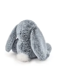 Closeup rear view of fluffy grey plush bunny toy, featuring soft long floppy ears and white tail.