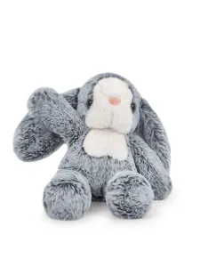 Detailed view of a soft grey and white plush bunny toy with long floppy ears and cute pink nose.