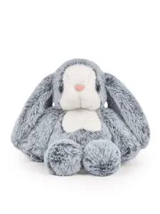 Close-up detail of the soft plush rabbit toy, fluffy gray fur, cute long floppy ears for kids.