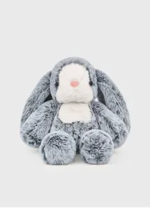 Close-up detail of the fluffy grey and white bunny plush toy showing its soft texture.