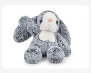 Grey plush bunny toy with long floppy ears, soft stuffed animal for kids sleep and gifts.