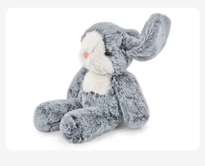 Gray plush bunny toy, soft floppy ears, cute stuffed rabbit doll for kids, comforting companion.