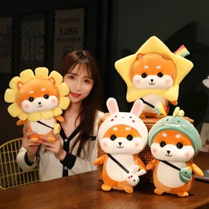 Cute transforming Shiba Inu plush toy with animal costumes soft stuffed doll gift.