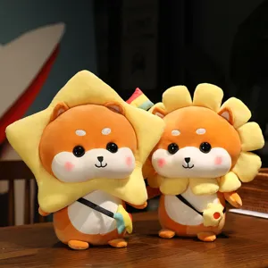 Cute Shiba Inu plush toy with star and flower hats, soft stuffed animal doll for kids gift