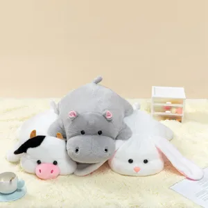Cute flat lying plush animal toys set including cow hippo and rabbit for kids companion.