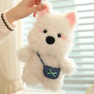 Cute fluffy white terrier puppy plush toy with mini denim bag and soft healing design.