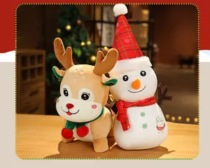 Cute Christmas plush toy set featuring a cartoon reindeer and snowman doll for holiday gifts.