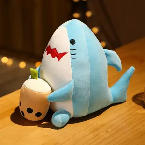 Süßes blauer Hai Plüschtier mit Bubble Tea Kissen, weiche Kuscheltier Puppe Geschenk.