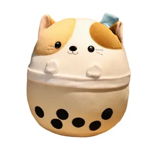 Süßes Bubble Tea Katzen Plüschtier Kissen, weicher gefüllter Milchfisch Tier Puppe Deko.