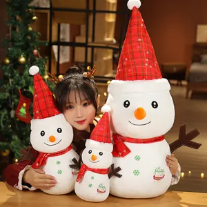 Adorable Christmas snowman plush toy set with red plaid hats, ideal holiday gift for kids.