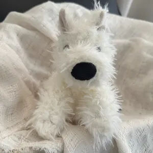 Close-up of cute fluffy white puppy plush toy, soft texture, healing toy detail view.