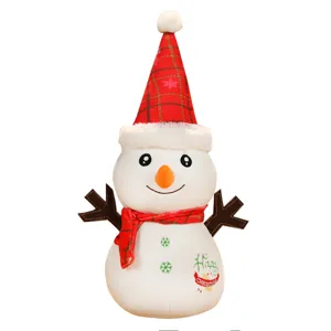 Cute Christmas snowman plush toy wearing a red plaid hat and scarf for holiday gifts.