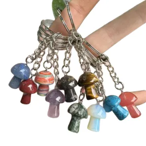 Set of colorful natural stone mushroom keychains with tiger's eye and amethyst crystals