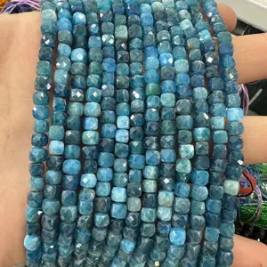 Macro detail of 6mm faceted square blue natural stone beads for handmade jewelry DIY