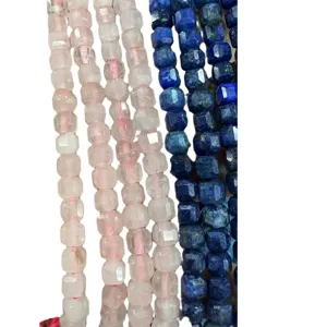 Premium 6mm natural faceted stone cube beads in rose pink and lapis blue for jewelry making