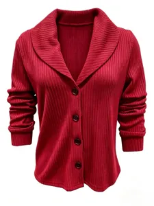 Red ribbed knit cardigan featuring a stylish shawl collar and button closure design details.