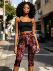 Stylish women's black crop top and red leopard print cropped leggings set for casual wear.