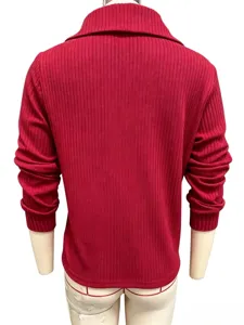 Women red ribbed knit sweater back view lapel long sleeve casual top autumn winter daily wear