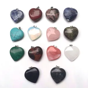 Assorted 25mm natural gemstone heart pendants including quartz and agate for jewelry