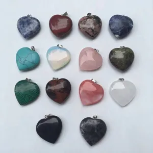 Assorted 25mm heart-shaped natural stone and crystal gemstone jewelry pendants