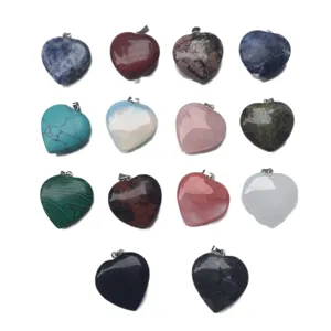 Assorted 25mm natural gemstone heart-shaped pendants in agate quartz and lapis lazuli