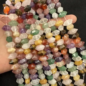 Colorful hexagonal natural stone beads including agate and tiger eye for DIY jewelry making.