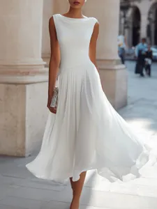 Elegant white cowl neck sleeveless midi dress, featuring draped waist and flowing skirt details.