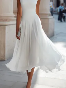 Elegant white cowl neck midi dress, sleeveless flowing chiffon party vacation detail.