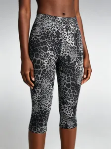 Women's black grey leopard print five-point leggings, stylish digital print fitness shorts.