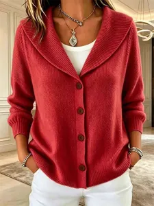 Women lapel single breasted knit cardigan sweater autumn winter solid color long sleeve top new
